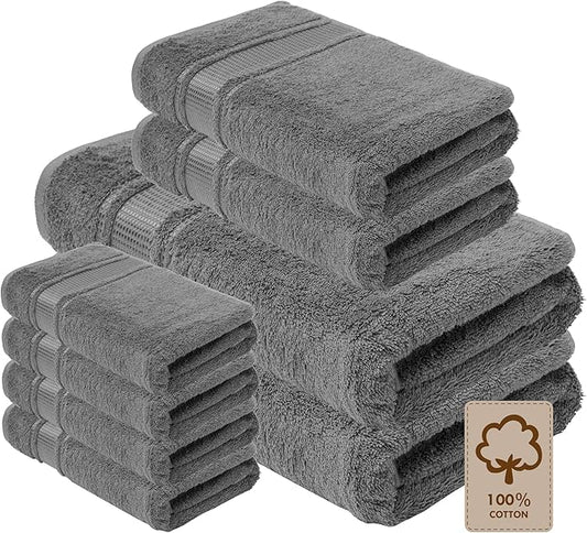 Melissa Linen, Bath Towel Set of 8, 2X Bath Towel, 2X Hand Towel, 4X Fingertip Towels, 100% Turkish Cotton Towels and Kitchen, Absorbent, Quick Dry, Durable and Soft Shower Towel, Dark Grey