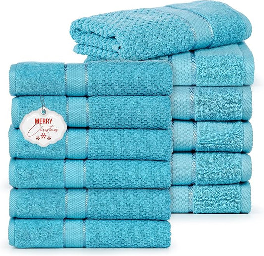 Ample Decor 100% Cotton Sky Blue Hand Towels for Bathroom - Highly Absorbent, Popcorn Textured - 12Pcs 18 X 28 Inch