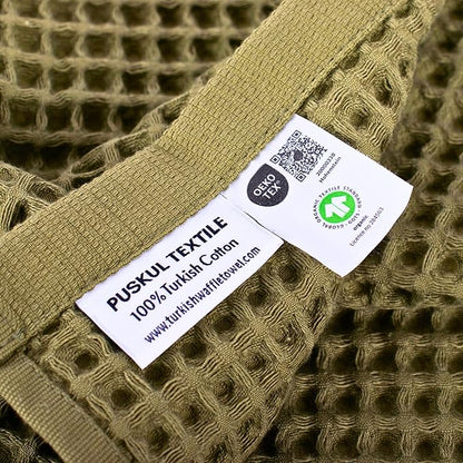 PÜSKÜL Organic Waffle Kitchen Towel 100% Turkish Cotton Set of 3 Khakie Green - Premium Quality, Soft, Quick-Dry, Absorbent, Lint-Free Hand Towels 32X16 Inches (3, Khaki Green)