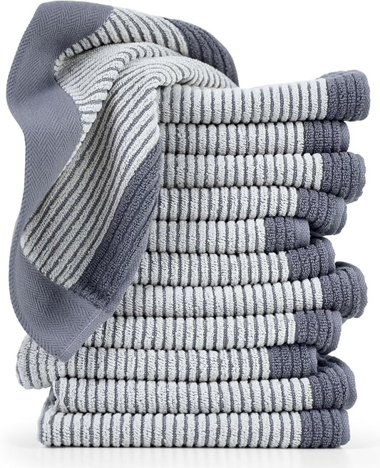 Cleanbear Wash Cloths for Showering, 12 Washcloths with Stylish Jacquard Weaved Design, Cotton Washcloth Set, 13 x 13 Inches, Gray