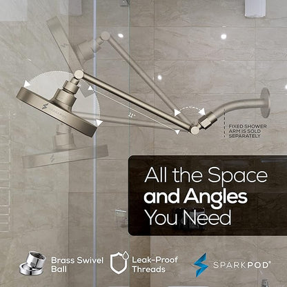 SparkPod Round Rain Shower Head with Extension Arm - Height Adjustable Shower Head with High Pressure Performance - Easy 1-Minute Installation (11" Arm Extension, Elegant Brushed Nickel)