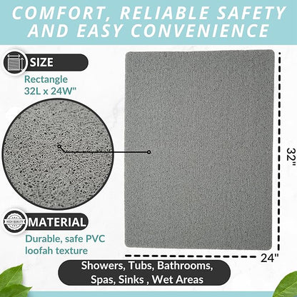 Enkosi Loofah Non-Slip Shower Mat - Shower Floors, Bathtub, Bathrooms, Wet Areas - Cushioned Bath Mat with Drain Holes - Quick Dry PVC, Secure Safety Pad Without Suction Cups (32x24 Grey)