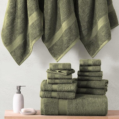 LANE LINEN Cotton Towels for Bathroom - 24 PCs - Highly Absorbent, Durable & Soft - 4 Bath, 4 Fingertip, 6 Hand Towels, 8 Washcloths, 2 Bath Sheets - Family Bundle Pack - Oil Green