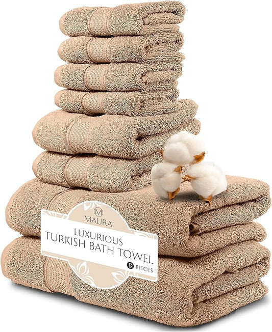 MAURA Biege Bath Towel Set of 8 for Bathroom. Turkish Cotton Luxury Bath Towels. Extra Large, Thick, Plush & Soft. Hotel & Spa Quality - Brown