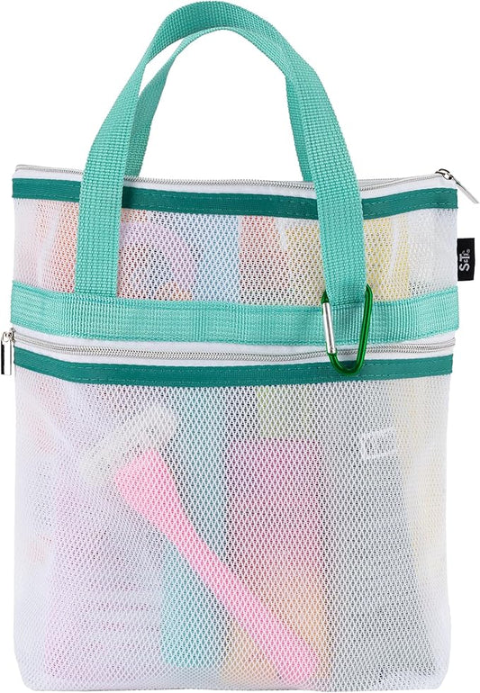 S&T INC. Mesh Shower Caddy, Shower Bag for Dorm Room Essentials, Gym Bag, Camping and More, Two Zippered Pockets, White and Teal, 10 Inches x 10 Inches