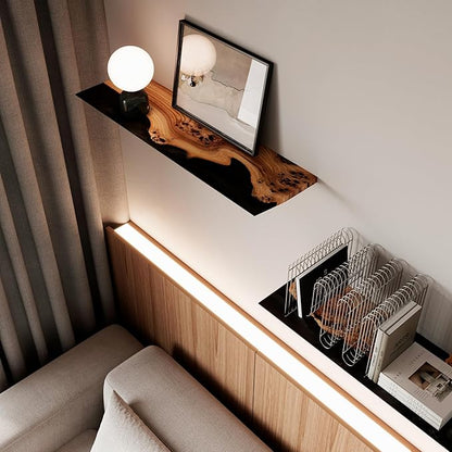 RWA Live Edge Floating Shelf – Unique Wood Floating Shelf for Wall Decor, Living Room, Bedroom, or Bathroom – Stylish Decorative Wall Shelves for Home & Office (Live Edge, Black - 12x6)