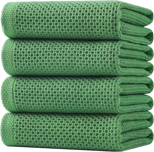 Homaxy 100% Cotton Waffle Weave Kitchen Dish Towels, Ultra Soft Absorbent Quick Drying Cleaning Towel, 20x28 Inches, 4-Pack, Grass Green