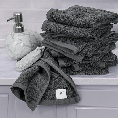 Tens Towels Pack of 24 Washcloths, 12 x 12 Inches, Lighter Weight, Quick to Dry, Super Soft & Absorbent, Gentle Face Towels, Hotel Quality, Perfect for Bathroom, Gym, Spa (Dark Grey, 24 Pack)