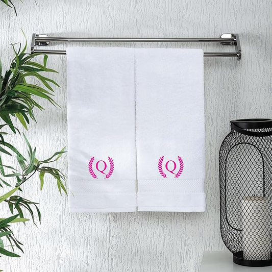 Monogrammed Hand Towels for Bathroom Makeup, Personalized Turkish Cotton Towel with Embroidery, Gift for Weddings, Housewarming, Anniversaries, and Bridal Showers, Set of 2 (Hot Pink, Initial Q)