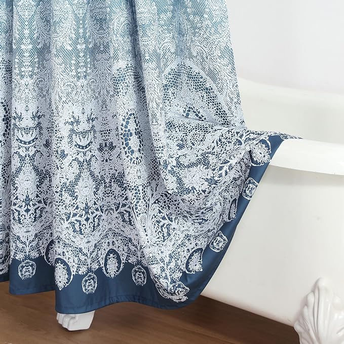 90 Inch Extra Long Shower Curtain - Chantilly Lace Design, Heavyweight Polyester, Storm Blue to White Ombre, 72" W x 90" H