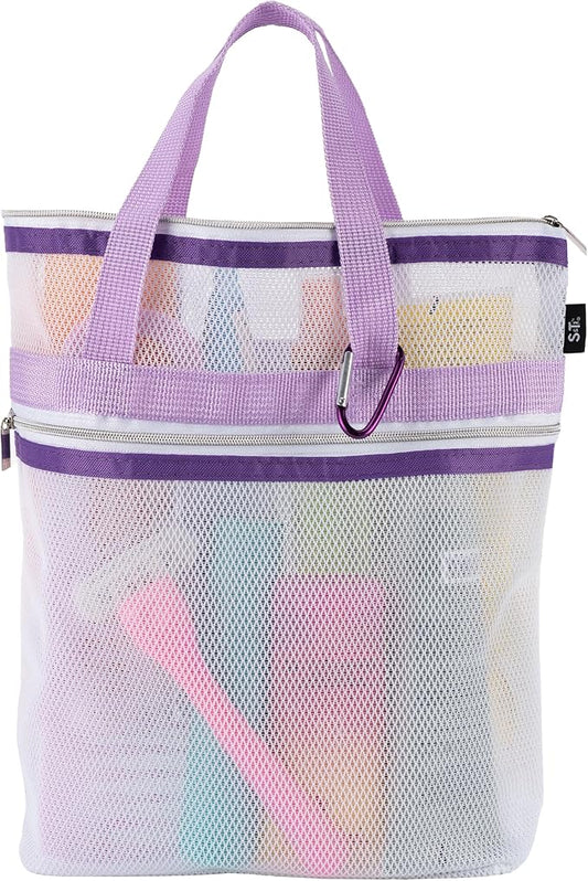 S&T INC. Mesh Shower Caddy, Shower Bag for Dorm Room Essentials, Gym Bag, Camping and More, Two Zippered Pockets, White and Purple, 10 Inches x 10 Inches