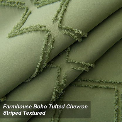 Long No Hook Tufted Chevron Striped Shower Curtain with Snap-in PEVA Liner Set - 72" x 86", Hotel Style with See Through Top Window, Water Repellent Fabric Shower Curtain Sage Green