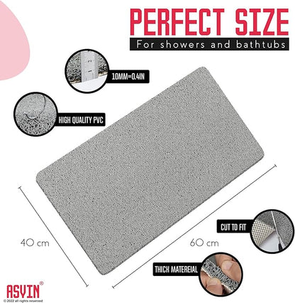 Asvin Soft Textured Bath, Shower, Tub Mat, 24x16 Inch Rectangular, Phthalate Free, Non Slip Comfort Bathtub Mats with Drain, PVC Loofah Bathroom Mat for Wet Areas, Quick Drying, Grey