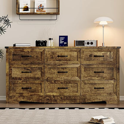 9-Drawer Dresser for Bedroom, Modern Wooden Chest of Drawers with Metal Handles, Anti-Tipping Design, Sturdy and Stable Storage Organizer for Living Room, Entryway, Home Office