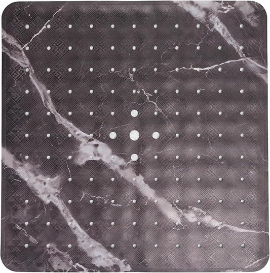 ENKOSI Square Shower Mat 21 x 21 – Anti Slip Shower Mat with Secure Suction Cups and Drain Holes – Square Shower Stall Floor Mats with Black Marble Design (Marble Black 21x21)