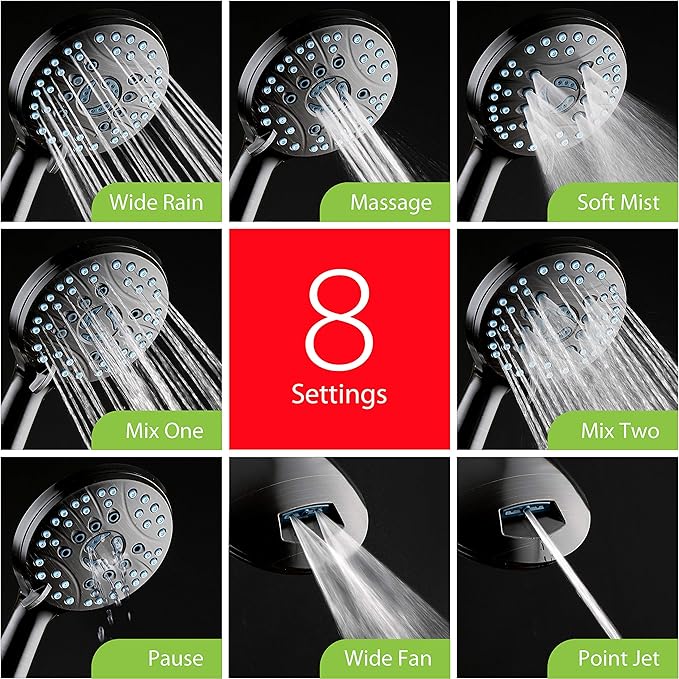 Hotel Spa AquaCare As-Seen-On-TV High Pressure 48-setting Rain & Handheld 3-way Shower Head Combo - Anti-clog Nozzles/Tub, Tile & Pet Power Wash/Extra Long 6 ft. Hose/Matte Black Finish