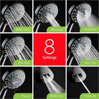 Hotel Spa AquaCare High Pressure 8-mode Handheld Shower Head - Anti-clog Nozzles, Built-in Power Wash to Clean Tub, Tile & Pets, Extra Long 6 ft. Stainless Steel Hose, Wall & Overhead Brackets