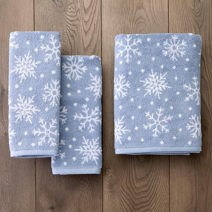 SKL Home Christmas/Winter Scattered Snowflakes 100% Cotton Premium 2-Piece Hand Towel Set, 450 GSM, Reversible Jacquard, Soft & Absorbent, Decorative for Bath/Kitchen/Bar, Blue/White