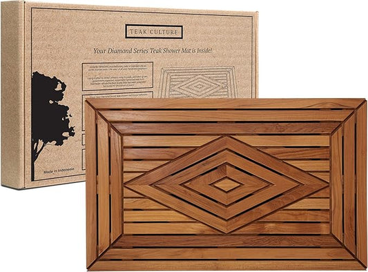 Designer Teak Shower Mat Large 31.5 X 19.5 Naturally Water-Resistant with Teak Oil Finish for Bathroom, Bath, Pool, Spa, Boat, Sauna, Patio, RV, Front Door from Our Diamond Collection