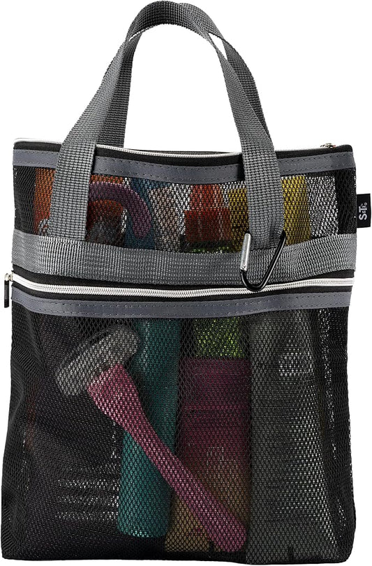 S&T INC. Mesh Shower Caddy, Shower Bag for Dorm Room Essentials, Gym Bag, Camping and More, Two Zippered Pockets, Black and Grey, 10 Inches x 10 Inches