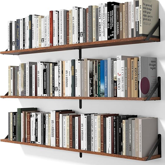 Heimlove 48 Inch Large Wall Bookshelves Set of 3, Wall Mounted Bookshelves,Heavy Duty Wooden Shelves for Living Room,Bedroom,Kitchen,Laundry Room Storage & Decor