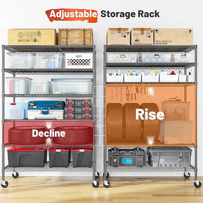82" H X45 W X18 D Wire Shelving Unit, 6 Tier Adjustable Storage Shelves with Wheels 1200LBS Metal Shelving for Restaurant Garage Pantry Kitchen Closet Commercial,Black