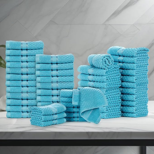 Ample Decor 100% Cotton Washcloths Set of 50 - Highly Absorbent, Popcorn Textured - Mulaayam Collection - 12 X 12 Inch Sky Blue