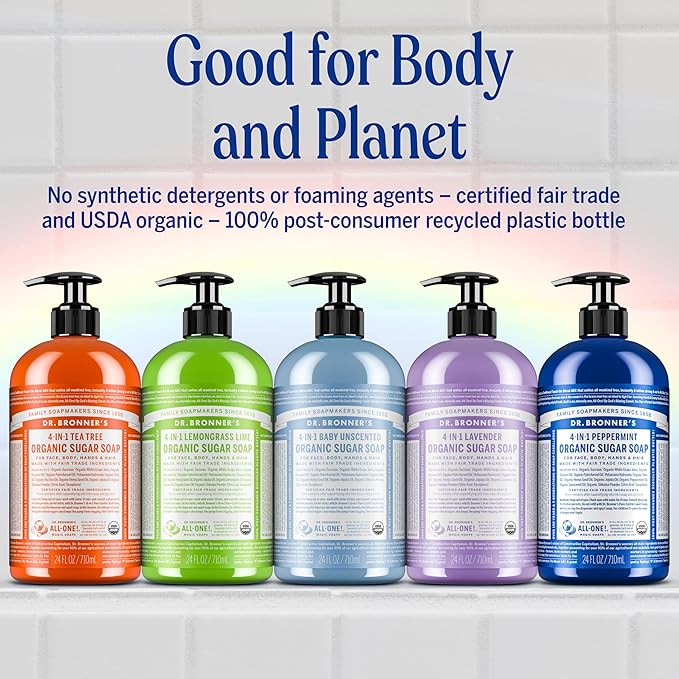 Dr. Bronner's Organic Sugar Soap (Baby Unscented, 24 Ounce) - Made with Regenerative Certified Organic Oils, Sugar & Shikakai Powder, 4-in-1 Use: Hands, Body, Face and Hair- Liquid Soap, Nourishes
