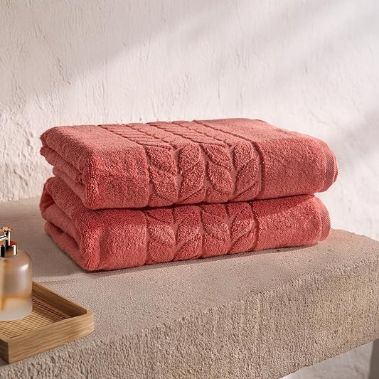 BAGNO MILANO Organic Turkish Cotton Bath Towels, Luxury Jacquard Collection, Certified Organic Highly Absorbent, Soft-Plush Towel Set (Coral Red, 2 Pcs Bath Towel Set)