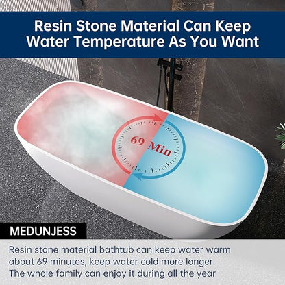 67'' Freestanding Bathtub Resin Stone Deep Soaking Tubs Solid Surface Matte Tub with Overflow and Pop-up Drain