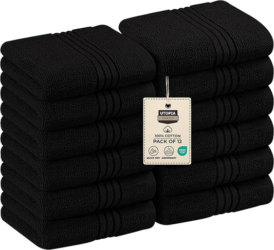 Utopia Towels 12 Pack Premium Wash Cloths Set, 12 by 12 Inches, 100% Cotton Ring Spun, Highly Absorbent and Soft Feel Washcloths for Bathroom, Spa, Gym, and Face, Black
