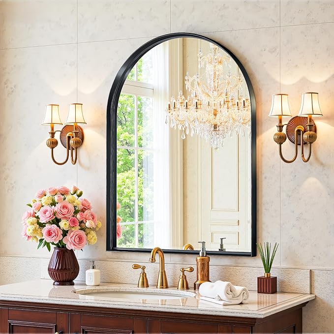 Arched Mirror 22"x30",Bathroom Mirror, Wall Mounted Vanity Mirror with Arch Metal Frame for Bathroom, Over Sink, Bedroom, Living Room, Deep Frame, Black