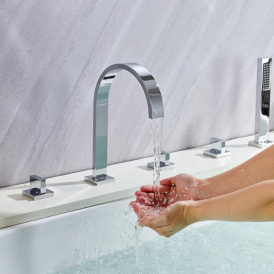 High Arc 5 Hole Roman Tub Filler with Handheld Showerhead Bathroom Widespread Waterfall Bathtub Faucet Set Deck Mounted, Chrome