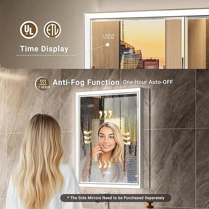 Beveled Lighted Medicine Cabinet with Mirror & Lights -20x26 Surface or Recessed Mirrored Medicine Cabinet with Outlet & Clock, Anti-Fog Dimmable LED Storage Cabinet, Built-in Sensor Light
