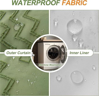 No Hooks Shower Curtain with Snap-in Liner, Sage Green Boho Tufted Chevron Striped Textured Shower Curtains for Bathroom, Water Repellent Luxury Shower Curtain, 72Wx74H