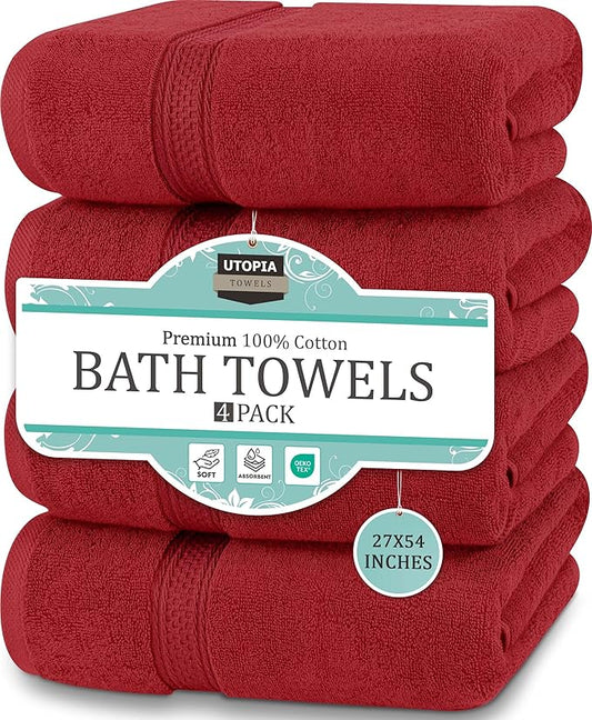Utopia Towels 4 Pack Premium Bath Towels Set, 27 by 54 Inches, 100% Ring Spun Cotton 600GSM, Lightweight and Highly Absorbent Quick Drying Towels, Perfect for Daily Use, Red
