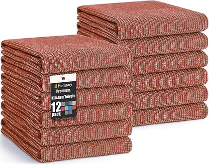 Homaxy Premium Kitchen Towels(18”x 28”, 12 Pack), Large Cotton Kitchen Hand Towels, Flat and Terry Dish Towels, 380 GSM Highly Absorbent Tea Towel Set with Hanging Loop, Rust