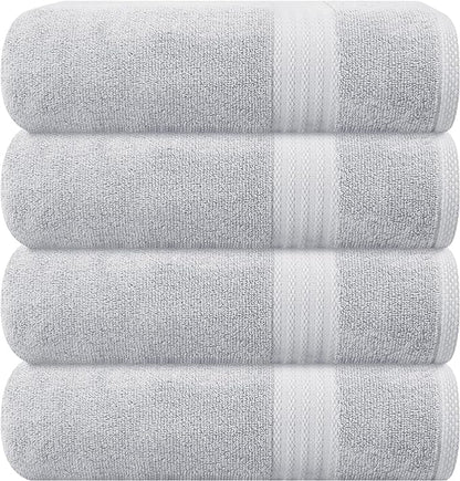 GLAMBURG Premium Cotton 4 Pack Bath Towel Set - 100% Pure Cotton - 4 Bath Towels 27x54 - Ideal for Everyday use - Ultra Soft & Highly Absorbent - Light Grey