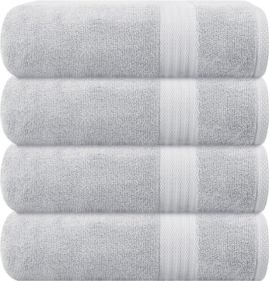 GLAMBURG Premium Cotton 4 Pack Bath Towel Set - 100% Pure Cotton - 4 Bath Towels 27x54 - Ideal for Everyday use - Ultra Soft & Highly Absorbent - Light Grey