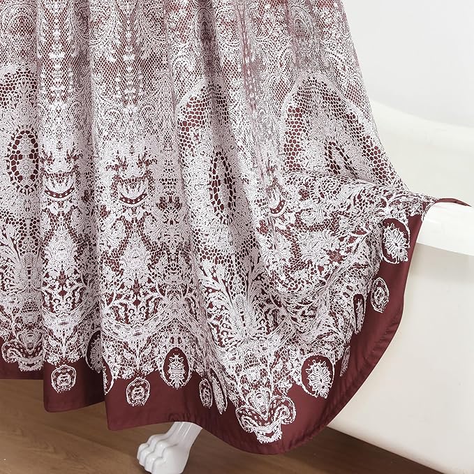 90 Inch Extra Long Shower Curtain - Chantilly Lace Design, Heavyweight Polyester, Burgundy to White Ombre, 72" W x 90" H