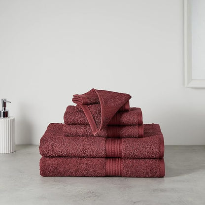 Amazon Basics Soft Bath Towels set , Absorbent Fade Resistant 100% Cotton washcloths 6 Pieces (12" x 12"), Perfect face towels, fingertip towels, Crimson