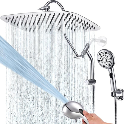 G-Promise 14 Inches Shower Heads with Massage Mode Handheld Sprayer Combo, 3 Way Metal Extended Diverter and Metal Adjustable Extension Arm, Stainless Steel Hose