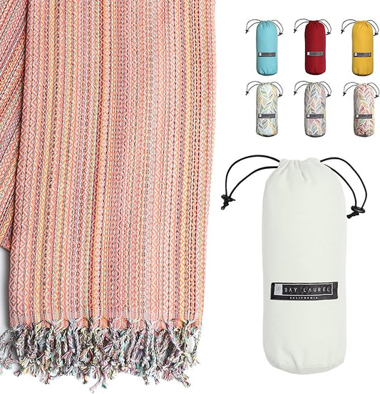 BAY LAUREL Turkish Beach Towel with Travel Bag 39 x 71 Quick Dry Sand Free Lightweight Large Oversized Towels Light