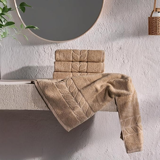 BAGNO MILANO Organic Turkish Cotton Bath Towels, Luxury Jacquard Collection, Certified Organic Highly Absorbent, Soft-Plush Towel Set (Latte, 4 Pcs Hand Towel Set)