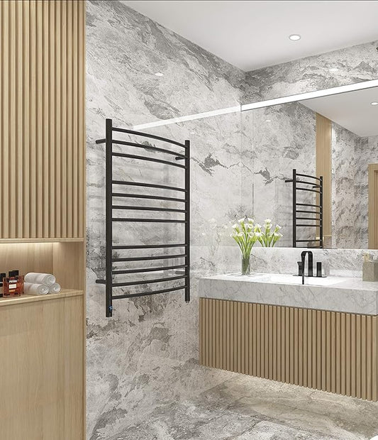 HEATGENE Electric Towel Warmer with Built-in Timer & Temperature Control, Wall-Mounted 12-Bar Large Towel Rack, Plug-in/Hardwired Heated Towel Rail for Bathroom - Matte Black