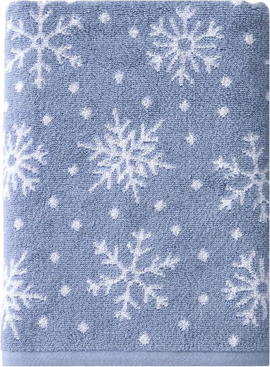 SKL Home Christmas/Winter Scattered Snowflakes 100% Cotton Premium Bath Towel, 500 GSM, Soft & Absorbent, Reversible Jacquard, Decorative, Blue/White