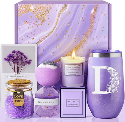 Self Care Gifts for Women, Unique Birthday Gifts, Thinking of You, Get Well Soon Care Package with 20oz Initial Tumbler, Christmas Relaxing Spa Gift Box Basket for Her Sister Best Friends Mom (D)