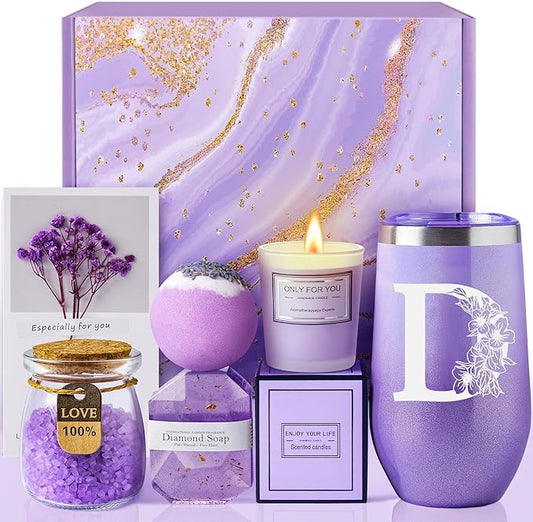 Self Care Gifts for Women, Unique Birthday Gifts, Thinking of You, Get Well Soon Care Package with 20oz Initial Tumbler, Christmas Relaxing Spa Gift Box Basket for Her Sister Best Friends Mom (D)