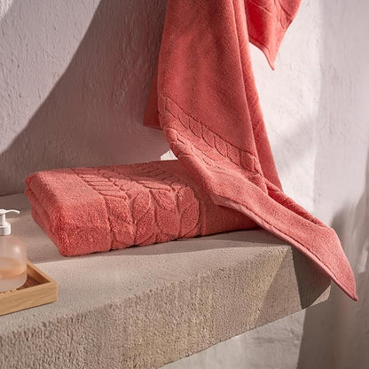 BAGNO MILANO Organic Turkish Cotton Bath Towels, Luxury Jacquard Collection, Certified Organic Highly Absorbent, Soft-Plush Towel Set (Coral Red, 2 Pcs Bath Towel Set)