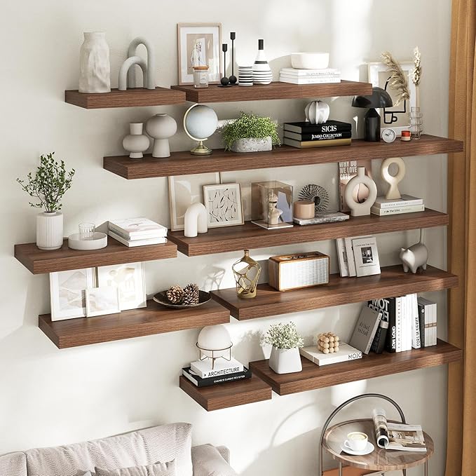 30 Inch Floating Shelves for Wall Set of 2, 12"D Wood Grain Bathroom Shelves with Invisible Brackets, Easy Install Engineered Wood Storage Shelves for Kitchen, Living Room, Bedroom, Walnut Finish
